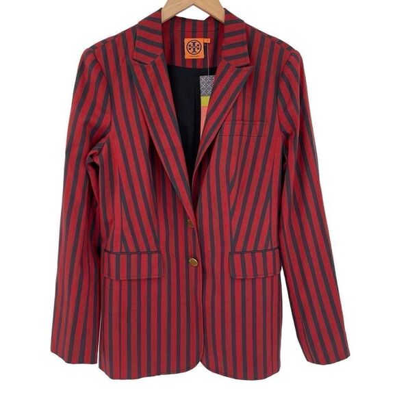 Tory Burch Blazer Jacket Red Navy Stripe Logo Embossed Buttons Lined Women 10 - Picture 1 of 8